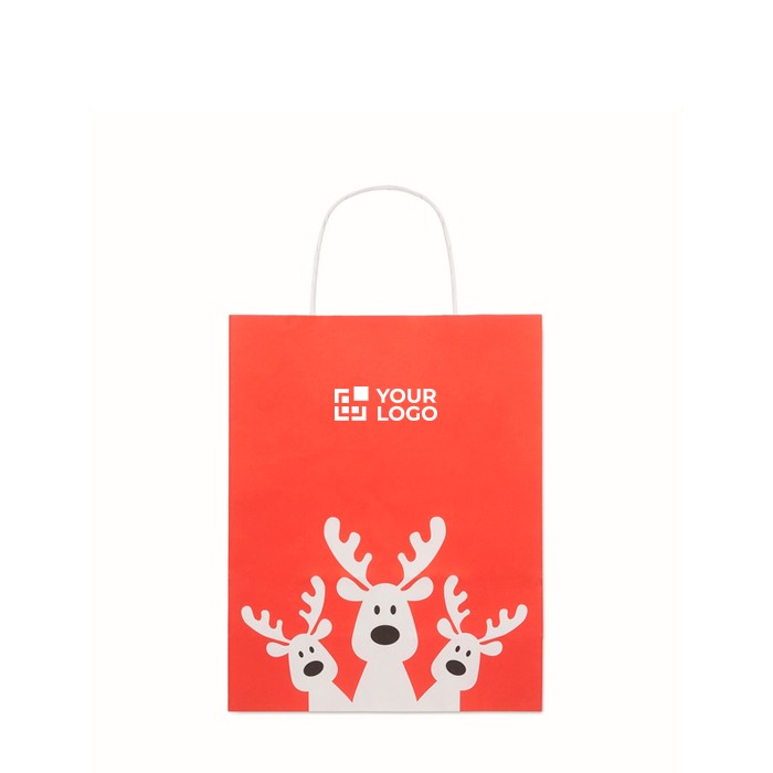 Bolsa de regalo navideña de papel en tamaño pequeño hecho en EU color rojo vista de impresión Bolsa de regalo navideña de papel en tamaño pequeño hecho en EU color rojo vista de impresión