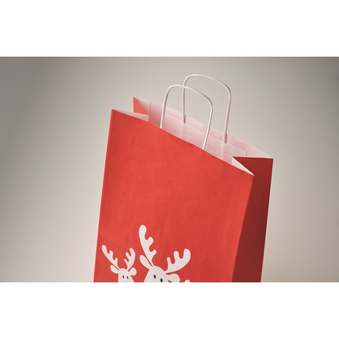 Bolsa de regalo navideña de papel en tamaño pequeño hecho en EU color rojo vista fotografía segunda vista Bolsa de regalo navideña de papel en tamaño pequeño hecho en EU color rojo vista fotografía segunda vista