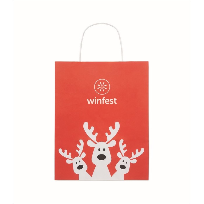 Bolsa de regalo navideña de papel en tamaño pequeño hecho en EU color rojo vista principal tercera vista Bolsa de regalo navideña de papel en tamaño pequeño hecho en EU color rojo vista principal tercera vista