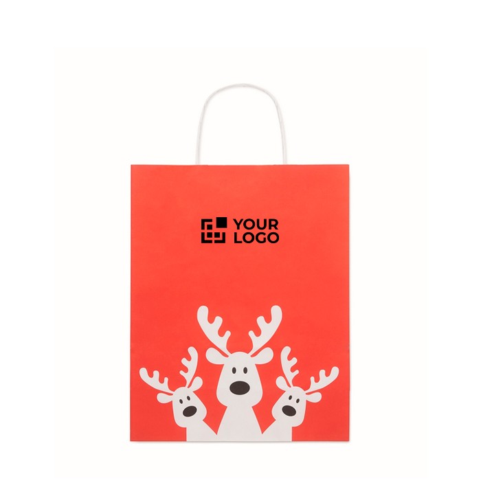 Bolsa de regalo navideña de papel en tamaño mediano hecho en EU color rojo vista de impresión Bolsa de regalo navideña de papel en tamaño mediano hecho en EU color rojo vista de impresión