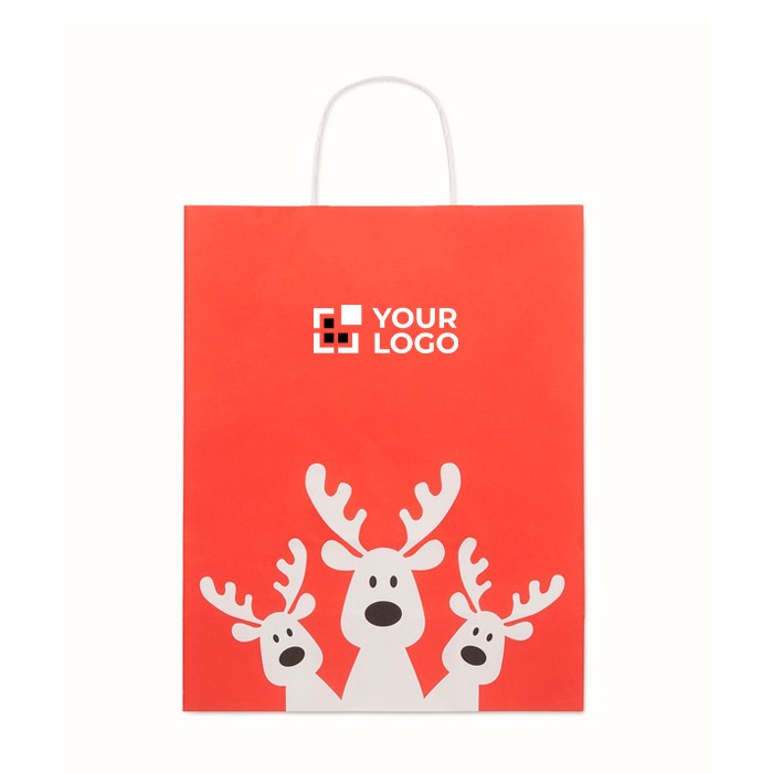 Bolsa de regalo navideña de papel en tamaño grande hecho en EU color rojo vista de impresión Bolsa de regalo navideña de papel en tamaño grande hecho en EU color rojo vista de impresión