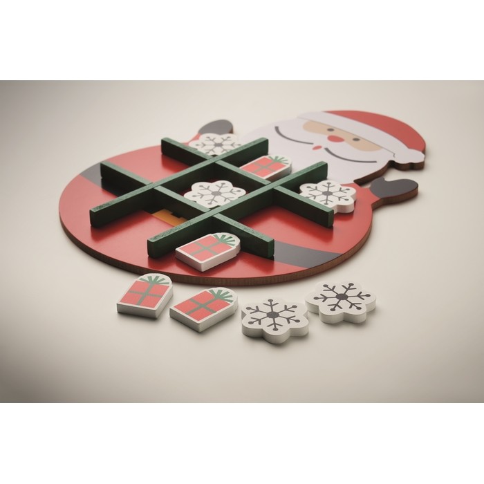 Juego de tres en raya de madera versión navideña en tablero de Santa color rojo vista fotografía segunda vista Juego de tres en raya de madera versión navideña en tablero de Santa color rojo vista fotografía segunda vista