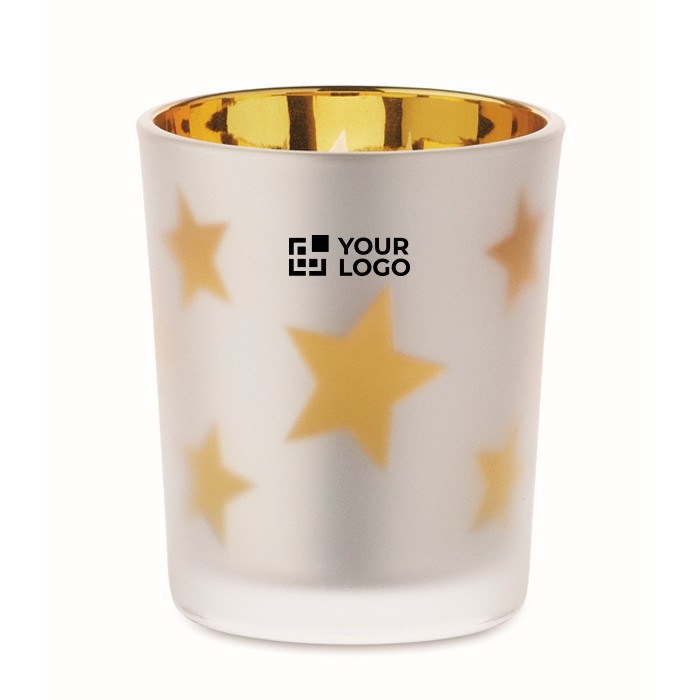 Vela luz LED en frasco de cristal con estrellitas navideñas color dorado vista de impresión Vela luz LED en frasco de cristal con estrellitas navideñas color dorado vista de impresión