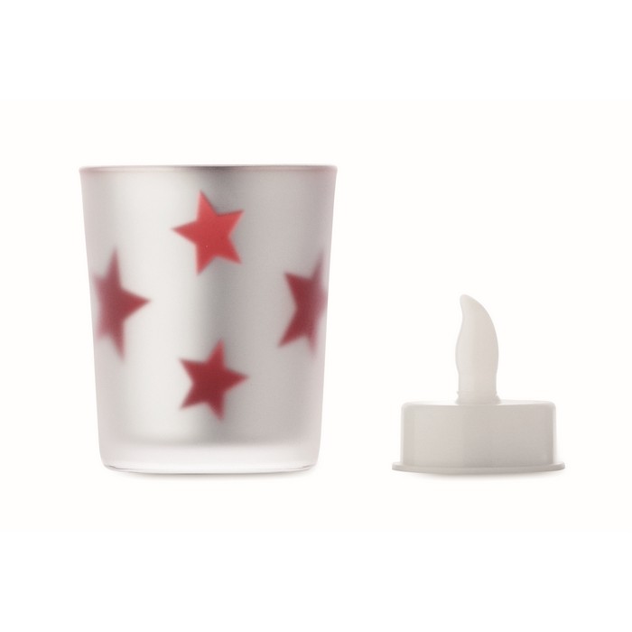 Vela luz LED en frasco de cristal con estrellitas navideñas color rojo quinta vista Vela luz LED en frasco de cristal con estrellitas navideñas color rojo quinta vista