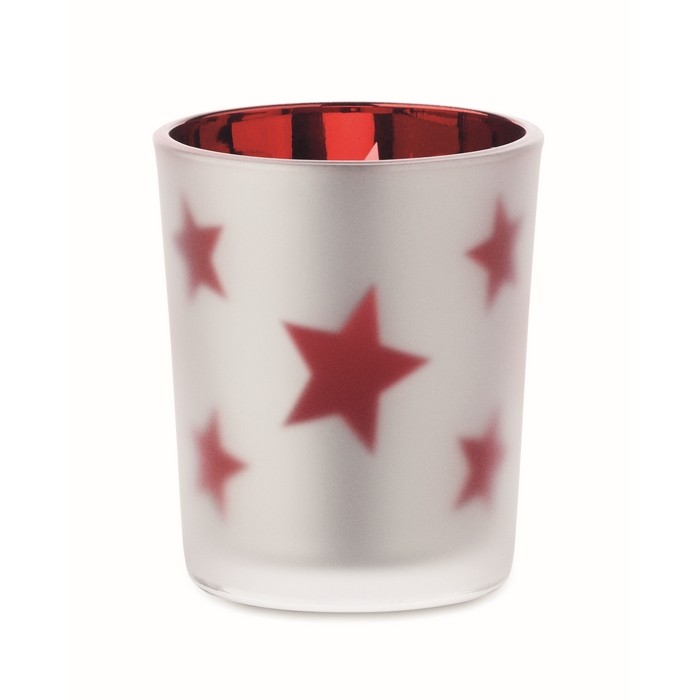 Vela luz LED en frasco de cristal con estrellitas navideñas color rojo sexta vista Vela luz LED en frasco de cristal con estrellitas navideñas color rojo sexta vista