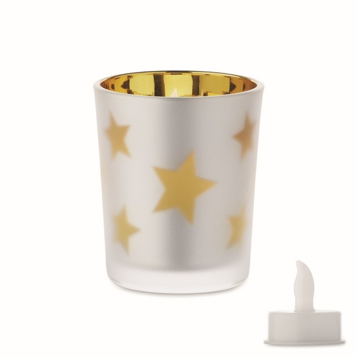 Vela luz LED en frasco de cristal con estrellitas navideñas color dorado Vela luz LED en frasco de cristal con estrellitas navideñas color dorado