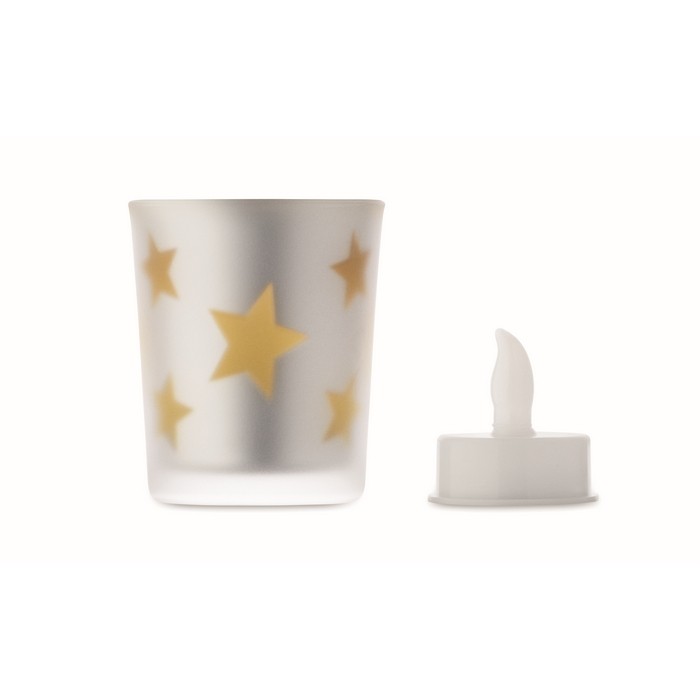 Vela luz LED en frasco de cristal con estrellitas navideñas color dorado cuarta vista Vela luz LED en frasco de cristal con estrellitas navideñas color dorado cuarta vista