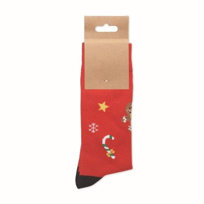 Par de calcetines estilo navideño color rojo vista con etiqueta Par de calcetines estilo navideño color rojo vista con etiqueta