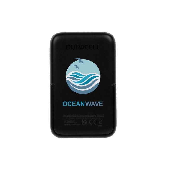 Powerbank elegante y pequeña ideal para llevar 5000 mAh color negro vista con impresión