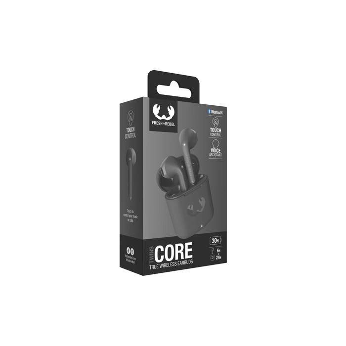 Auriculares BT Twins Core Fresh 'n Rebel con control táctil y carga rápida color gris oscuro vista con caja