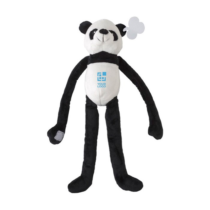 Panda de peluche con velcro en las manos y etiqueta con logo color multicolor vista de impresión