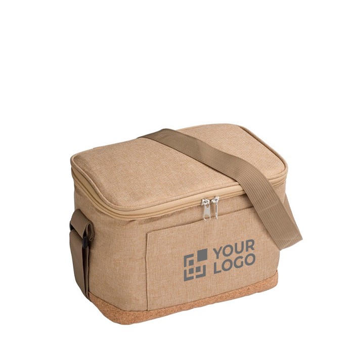 Bolsa térmica de RPET y base de corcho con bolsillo delantero color caqui vista de impresión Bolsa térmica de RPET y base de corcho con bolsillo delantero color caqui vista de impresión