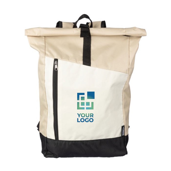 Mochila enrollable de RPET con cremallera en la parte frontal color beige vista de impresión