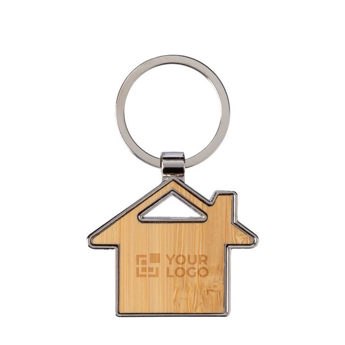 Llavero hecho de bambú y zinc en forma de casa personalizable color marrón vista de impresión Llavero hecho de bambú y zinc en forma de casa personalizable color marrón vista de impresión