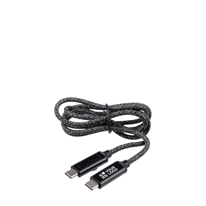 Cable de carga de nylon de 1 metro de largo con puertos USB-C 100 W color negro vista de impresión Cable de carga de nylon de 1 metro de largo con puertos USB-C 100 W color negro vista de impresión