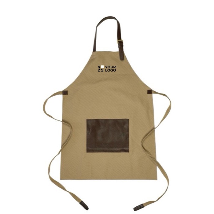 Delantal ajustable de lona con un bolsillo delantero de cuero color beige vista de impresión