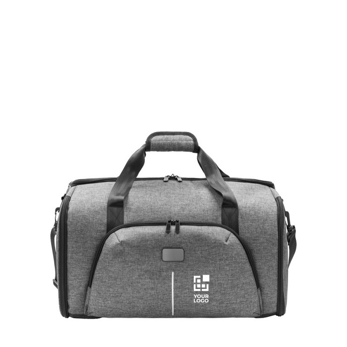 Bolsa para viaje de poliéster reciclado y correa para trolley color gris vista de impresión Bolsa para viaje de poliéster reciclado y correa para trolley color gris vista de impresión