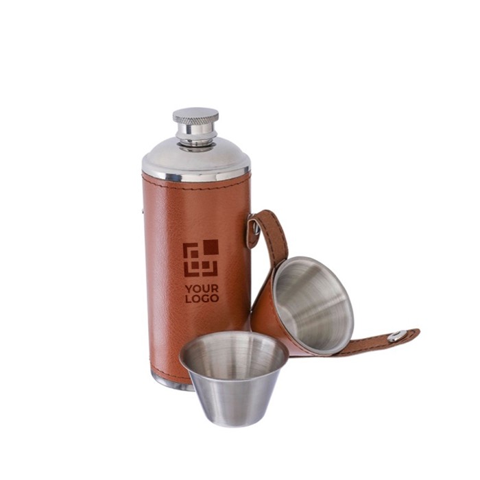 Botella de acero inoxidable con 2 vasos y funda de cuero 230ml color marrón vista de impresión Botella de acero inoxidable con 2 vasos y funda de cuero 230ml color marrón vista de impresión