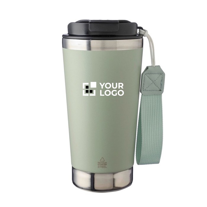 Vaso térmico de acero inoxidable con correa a juego y tapa negra 500ml color verde pastel vista de impresión Vaso térmico de acero inoxidable con correa a juego y tapa negra 500ml color verde pastel vista de impresión