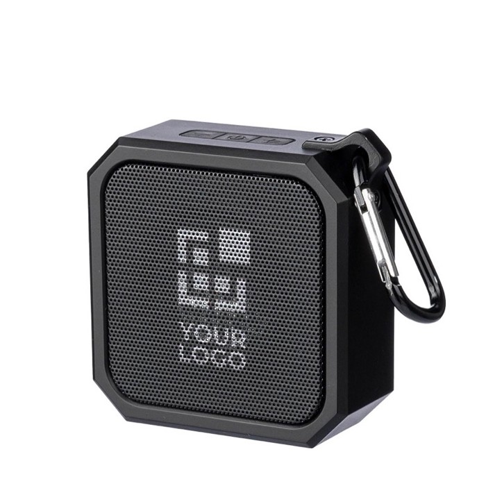 Pequeño altavoz cuadrado personalizable con mosquetón para transporte color negro vista de impresión Pequeño altavoz cuadrado personalizable con mosquetón para transporte color negro vista de impresión