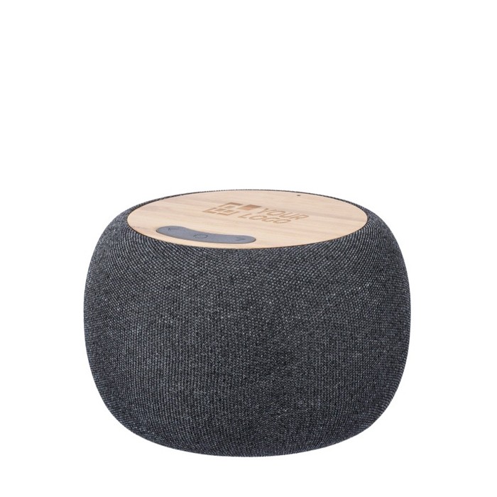 Pequeño altavoz redondo con detalles de bambú en la parte superior color negro vista de impresión Pequeño altavoz redondo con detalles de bambú en la parte superior color negro vista de impresión