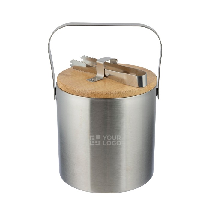 Cubitera de acero inoxidable de doble pared con tapa de bambú color plateado vista de impresión Cubitera de acero inoxidable de doble pared con tapa de bambú color plateado vista de impresión