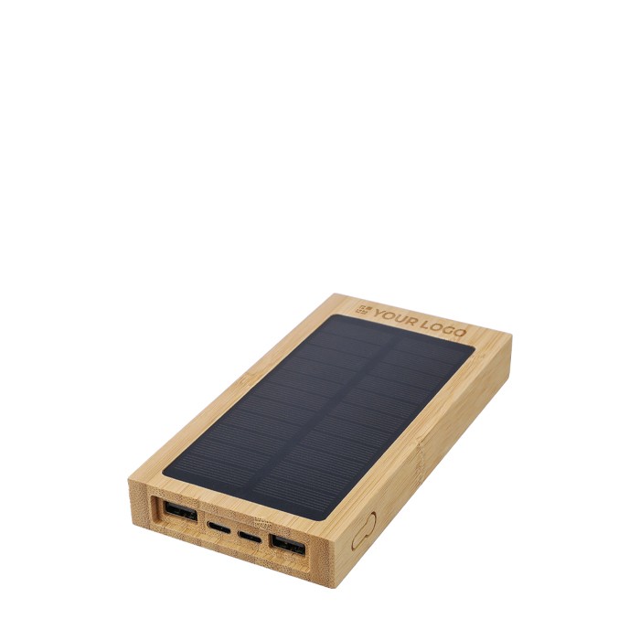 Batería externa solar de bambú con luz indicadora 10.000 mAh color marrón vista de impresión Batería externa solar de bambú con luz indicadora 10.000 mAh color marrón vista de impresión