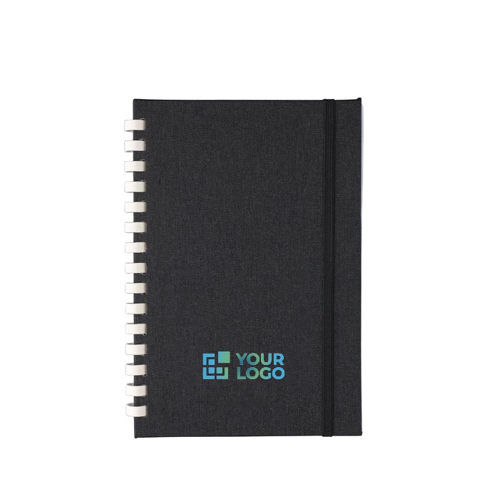 Libreta de RPET con espiral de cartón blanco hojas a rayas A5 color negro vista de impresión Libreta de RPET con espiral de cartón blanco hojas a rayas A5 color negro vista de impresión