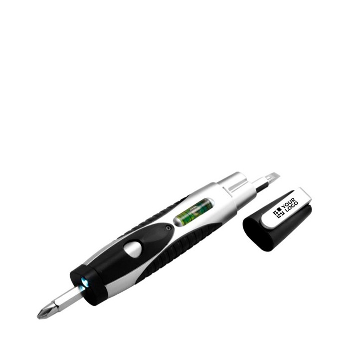 Multiherramienta con destornilladores, nivel y linterna color plateado vista de impresión Multiherramienta con destornilladores, nivel y linterna color plateado vista de impresión