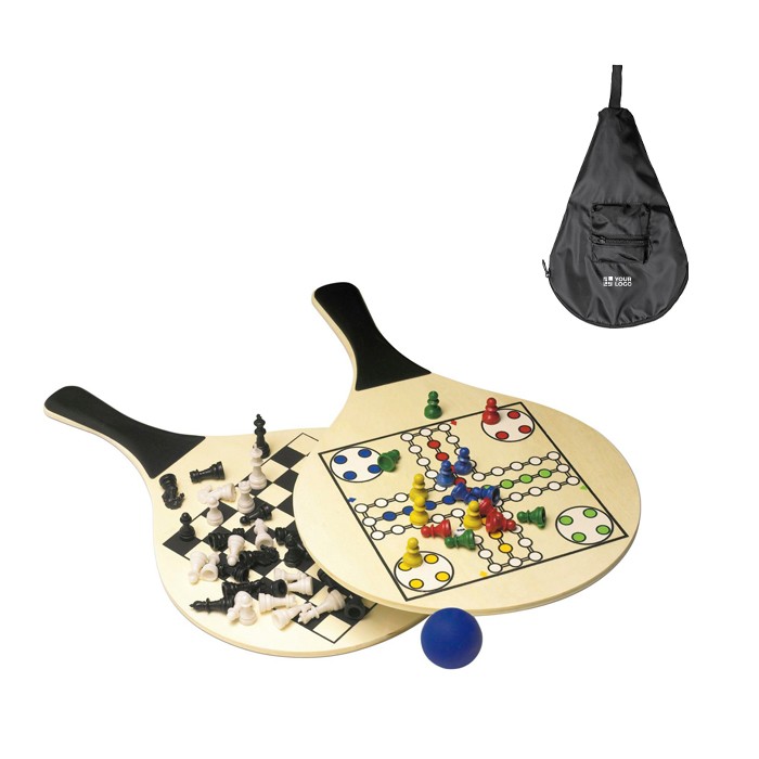 Set de 2 palas de madera y pelota con juegos en las palas color negro vista de impresión Set de 2 palas de madera y pelota con juegos en las palas color negro vista de impresión