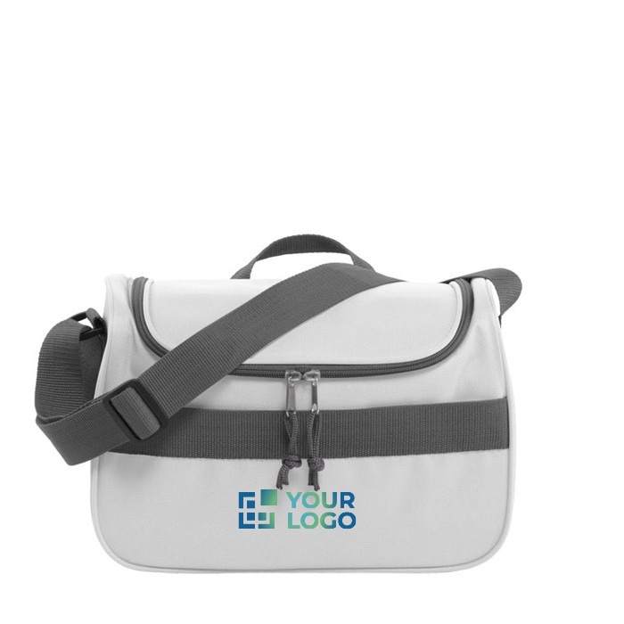 Bolsa nevera de poliéster con asa de transporte ajustable color blanco vista de impresión