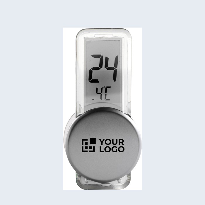 Estación meteorológica digital con ventosa para pegar en superficie color plateado vista de impresión Estación meteorológica digital con ventosa para pegar en superficie color plateado vista de impresión