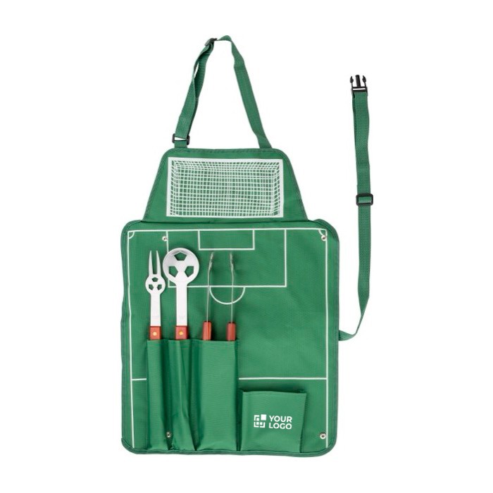 Delantal de fútbol especial para barbacoa con 4 utensilios color verde vista de impresión