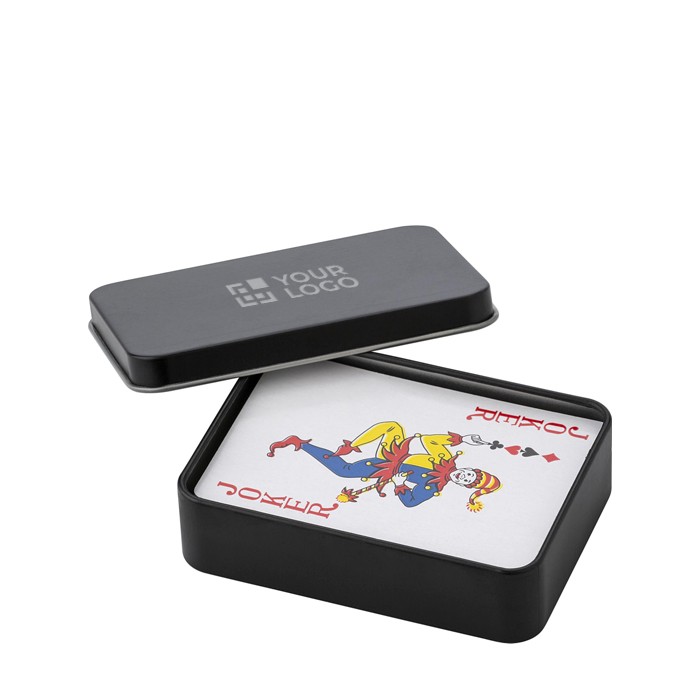 Estuche de metal para personalizar con 52 naipes de juego color negro vista de impresión Estuche de metal para personalizar con 52 naipes de juego color negro vista de impresión