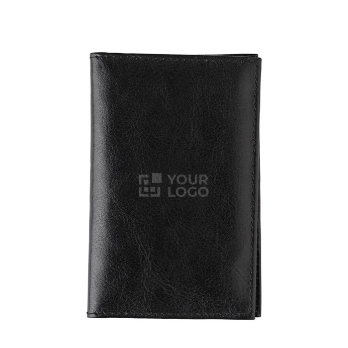 Billetera y tarjetero de piel de cabra con 3 compartimientos color negro vista de impresión