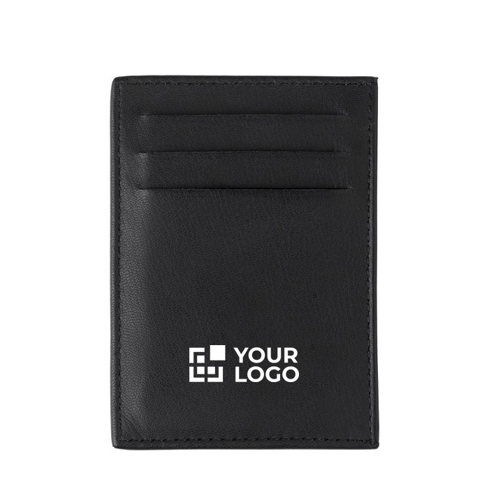 Tarjetero de piel de cabra con 3 bolsillos de lado y uno principal color negro vista de impresión