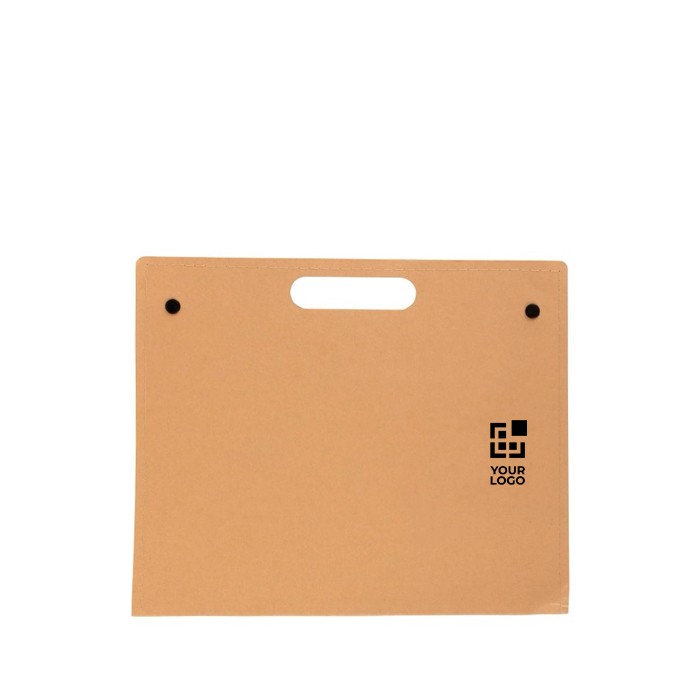 Carpeta de cartón con material de escritura y asa de transporte color marrón vista de impresión