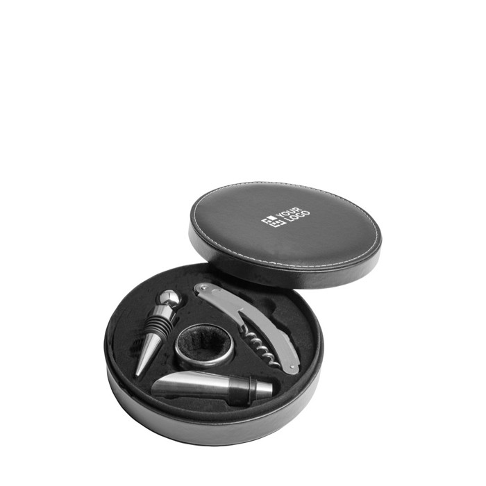 Set de vino en estuche circular con 4 accesorios de acero inoxidable color negro vista de impresión