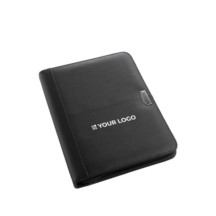 Portafolio con 30 hojas a rayas y compartimientos organizativos color negro vista de impresión Portafolio con 30 hojas a rayas y compartimientos organizativos color negro vista de impresión