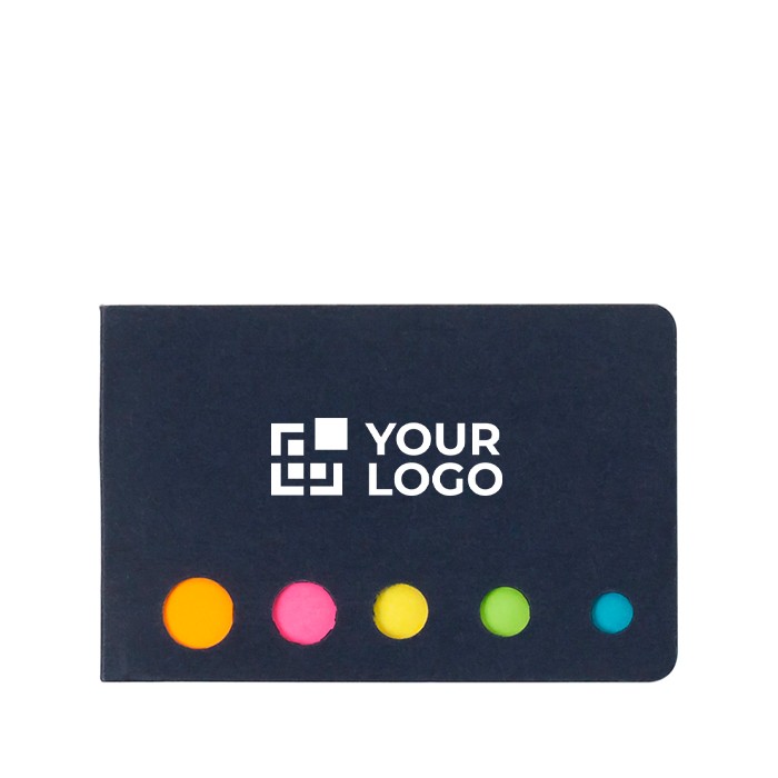 Notas adhesivas en 5 distintos colores con tapa de cartón color negro vista de impresión