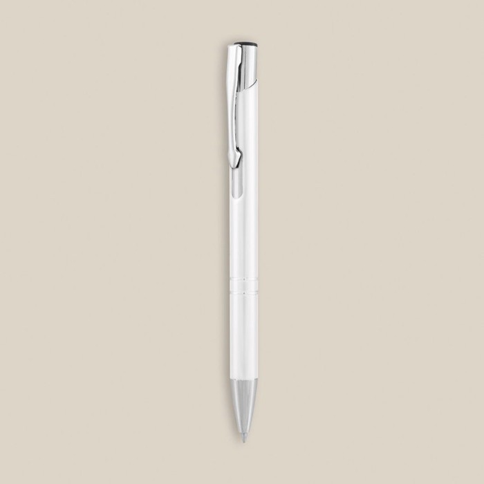 Bolígrafo de aluminio reciclado con mecanismo pulsador tinta azul color blanco cuarta vista