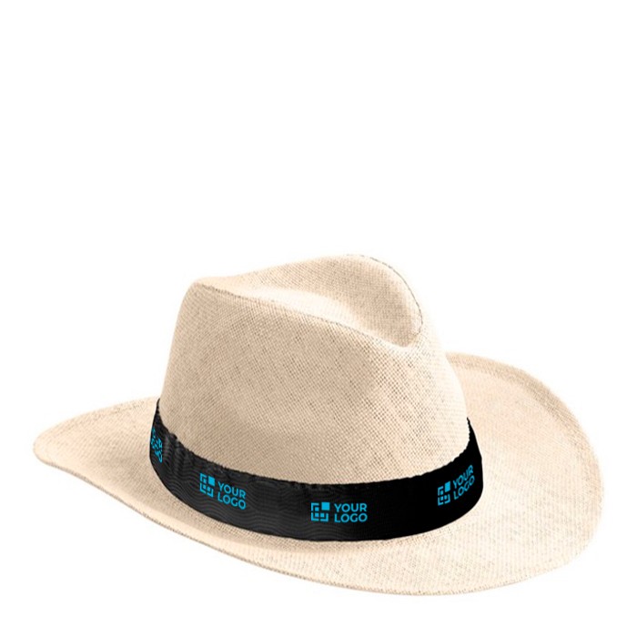 Sombrero de papel en color natural con cinta de color personalizable color negro vista principal