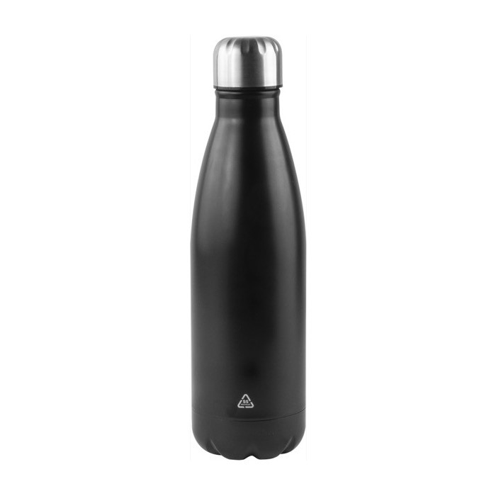 Botella de acero inoxidable reciclado con tapón plateado 750ml color negro vista detalle Botella de acero inoxidable reciclado con tapón plateado 750ml color negro vista detalle