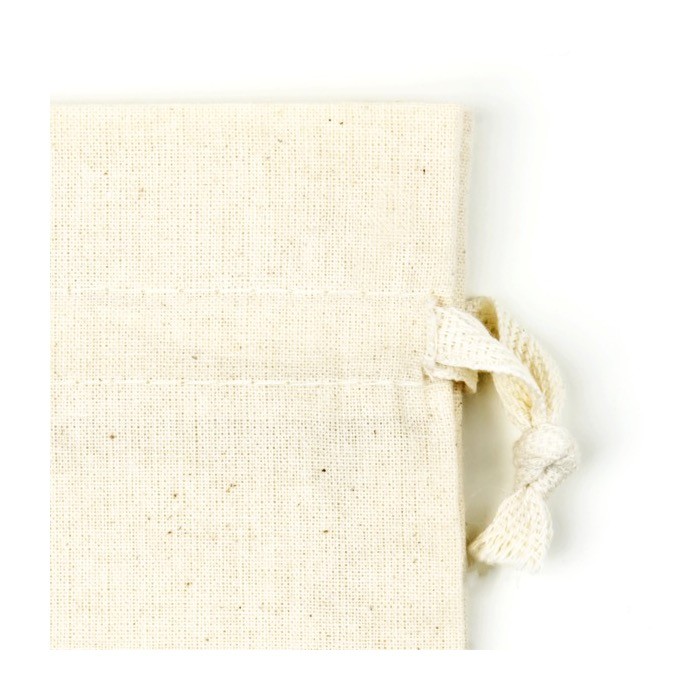 Bolsa de algodón con cierre de cordón color beige primera vista Bolsa de algodón con cierre de cordón color beige primera vista
