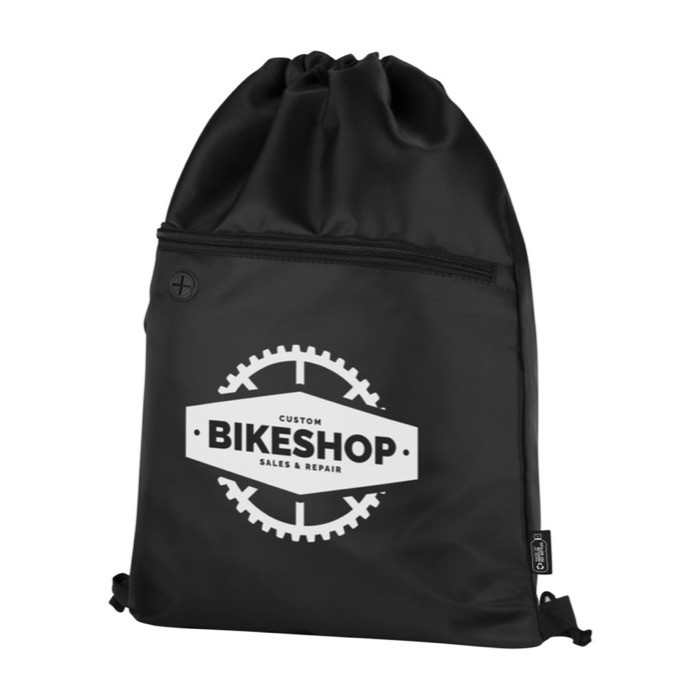 Mochila de cuerdas de plástico reciclado color negro imagen con logo Mochila de cuerdas de plástico reciclado color negro imagen con logo