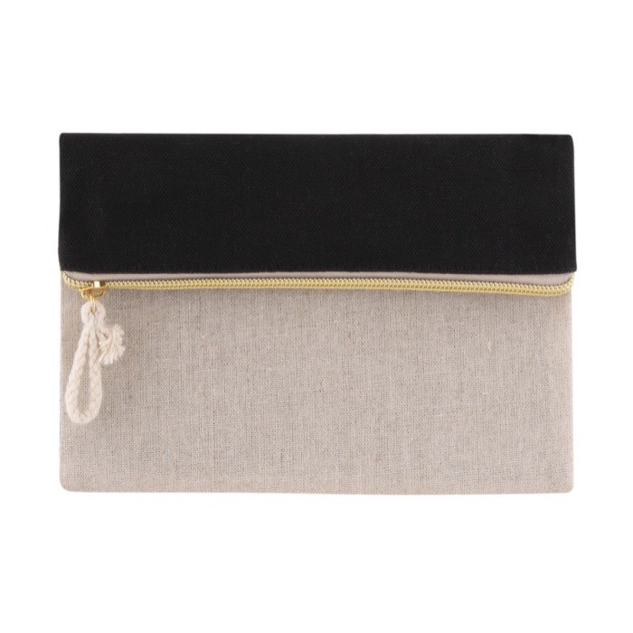 Neceser de doble cara de algodón y yute con cremallera dorada color natural vista detalle