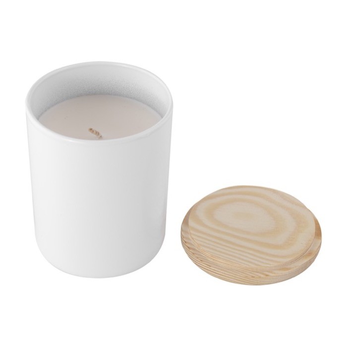 Vela de cristal pintado con tapa de bambú color blanco primera vista