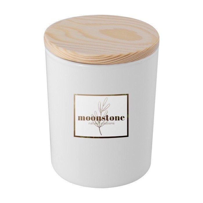 Vela de cristal pintado con tapa de bambú color blanco imagen con logo