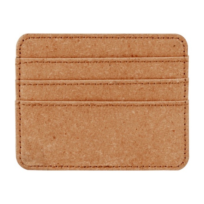 Tarjetero de cuero reciclado con tres compartimientos para tarjetas color marrón claro segunda vista