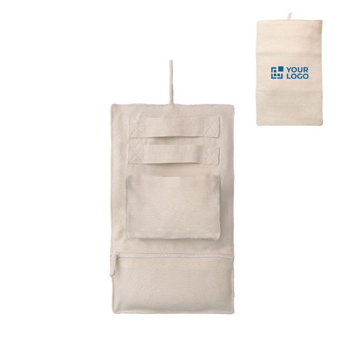 Joyero de algodón para viaje con dos compartimientos y colgador color natural vista principal Joyero de algodón para viaje con dos compartimientos y colgador color natural vista principal